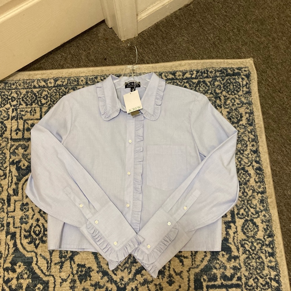 NWT J. Crew Ruffle-trim Button-down Shirt in Blue Cotton Poplin - Size M
